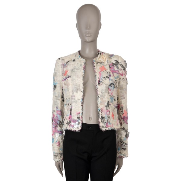 72800 authentische CHANEL creme pink blau 07C PAILLETTEN GRAFFITI CHIFFON TWEED Jacke XS