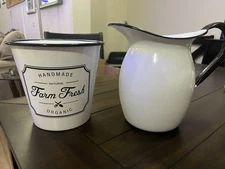 “Farmhouse Enamelware Pitcher & Bucket Set White Black Trim Farm Fresh Decor”