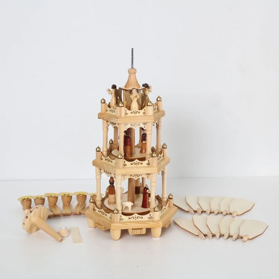 Christmas Wooden Windmill Pyramid 18 Inch -3 Tier Candle Carousel with Hand-P... Foto 3 de 4