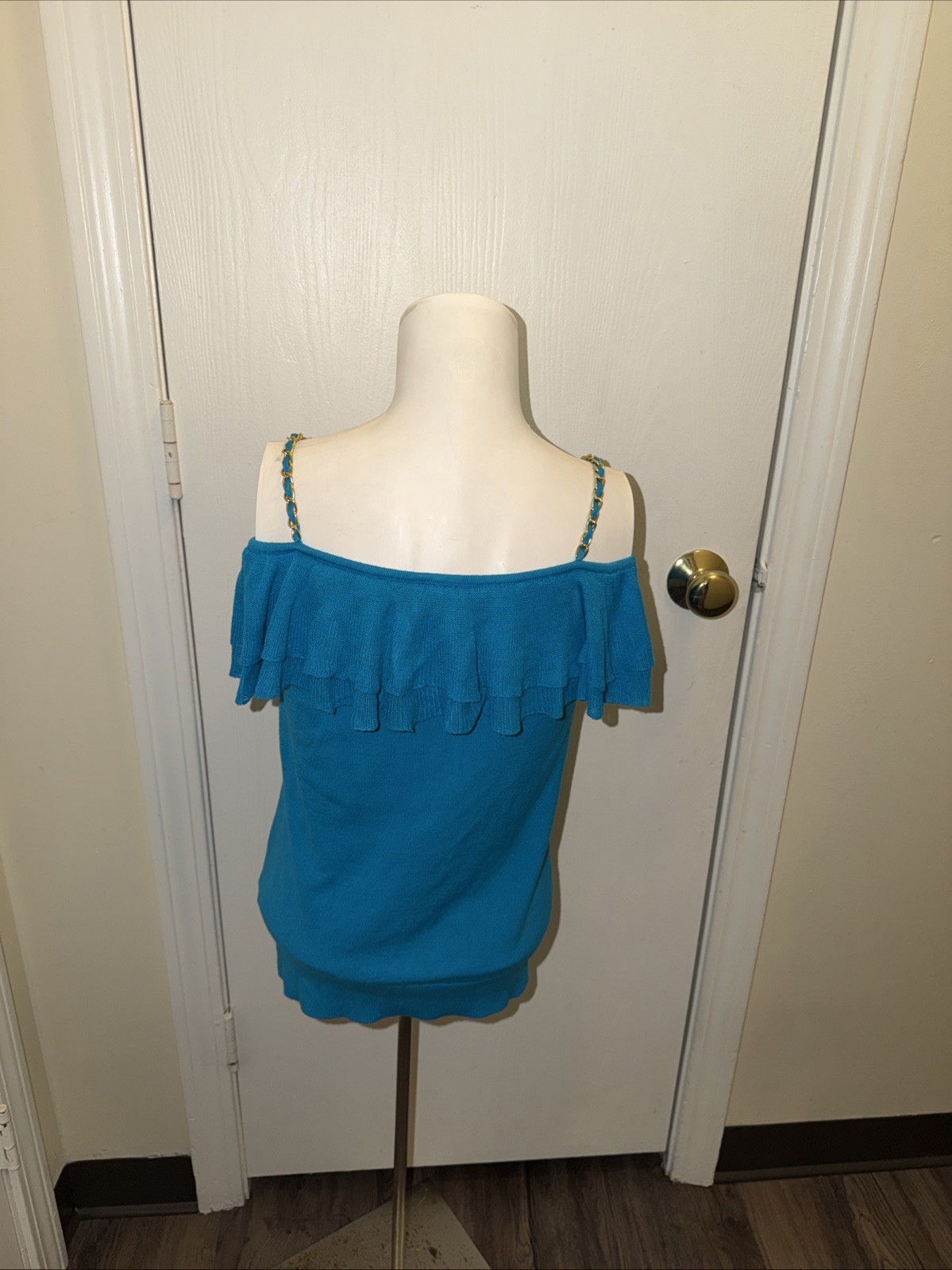 Cache Teal Blue Flutter Ruffle Cold Shoulder Top … - image 3