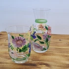 Tumble Up Hand Painted Pitcher Carafe Flowers Butterfly Clear Glass Vintage