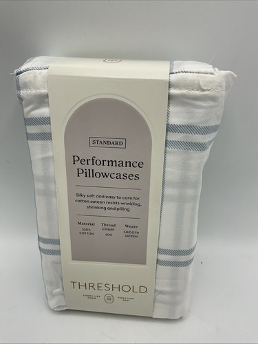 Threshold Performance Pillowcases Set of 2 Standard Blue Plaid 100% Cotton