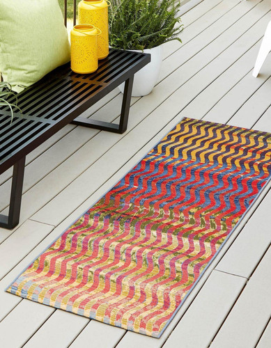 Outdoor Modern Collection Area Rug - Wavy (2' x 5' 1" Runner, Multi/ Beige)