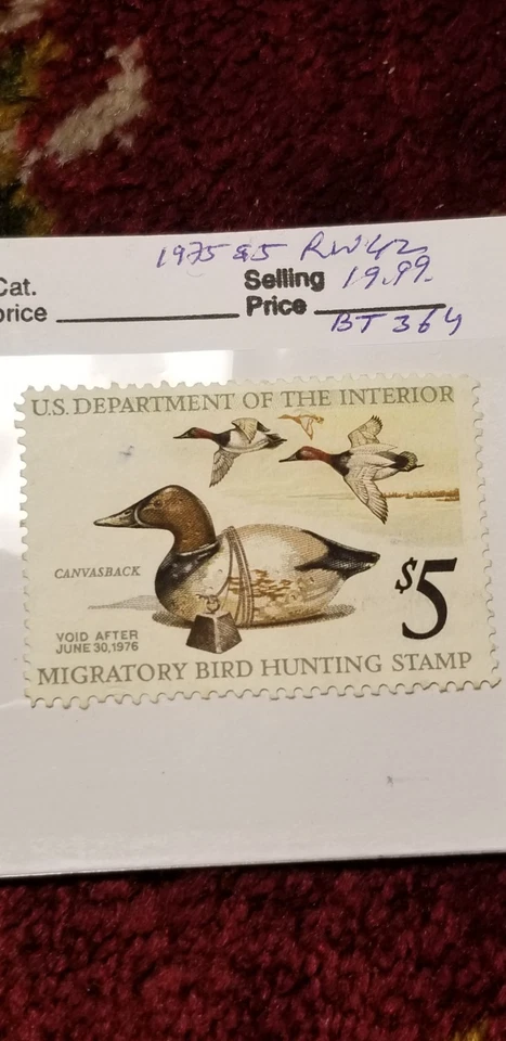 USA 1975 $5 Duck Migratory Bird Hunting Stamp Scott#RW42 Rare Find IDbt315. - Image 2 of 3