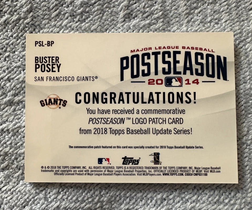 2018 Topps Update 2014 Postseason Relic Buster Posey #PSL-BP SF Giants - Image 2 of 2