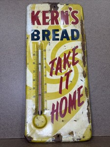 RARE VTG 1950’s Kerns Bread “Take It Home” Litho Swirl Thermometer Sign Works!
