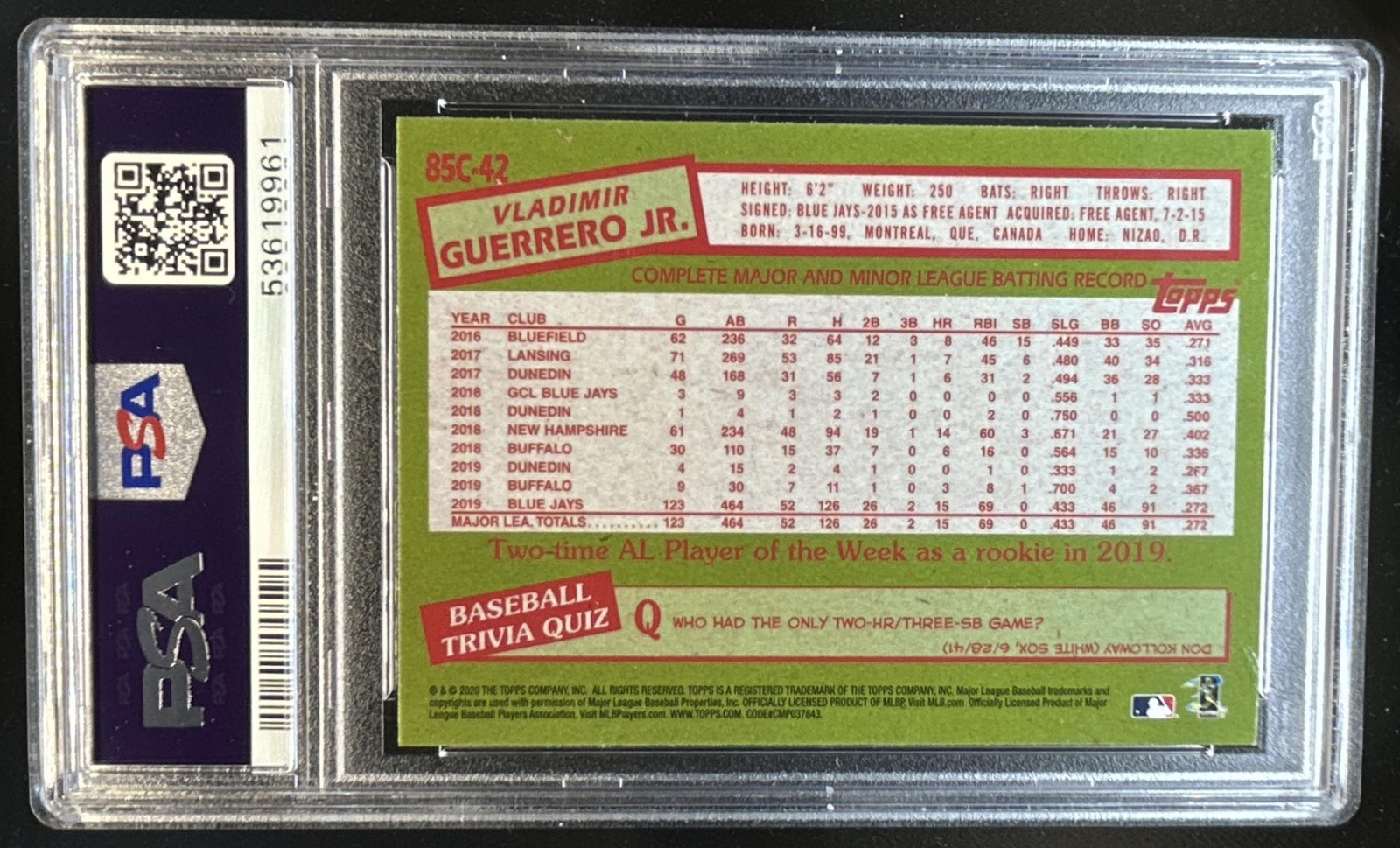 2020 Topps Vladimir Guerrero Jr. 1985 Chrome Silver Pack Promotion 85C-42 PSA 10 view 2
