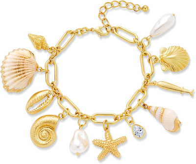 Starfish Shell Charm Bracelet for Women Gold Ocean Pearl Charm Bracelet Adjustab