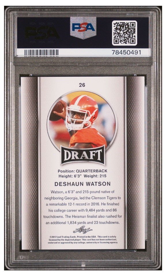 2017 Leaf Draft Deshaun Watson #26 (RC) PSA 10 view 2
