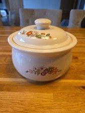 Vintage Cloverleaf Pottery Covered Casserole Dish Strawberry / Fruit Pattern VGC