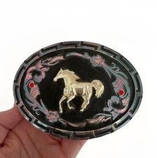 VTG Western Horse Belt Buckle Cowboy Black Silver Red Gem Mounts Cowgirl 5x3.5