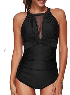 NWT Tempt Me Womens Size Medium Black High Neck Plunge Mesh Ruched Monokini