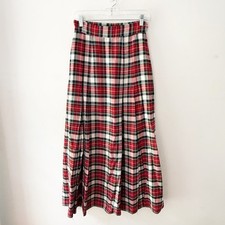 Vintage 70s Maxi Skirt Womens Size 12 Red Plaid Pleated Holiday Academia Preppy