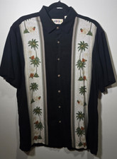 Campia Moda Men's Hawaiian Shirt Large Black Palm Tree Floral Rayon Aloha Camp