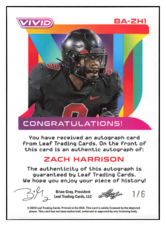 ZACH HARRISON RC AUTO 2023 Leaf Vivid 1/6 Autograph ROOKIE Falcons Refr ID:84135 - Image 2 of 2