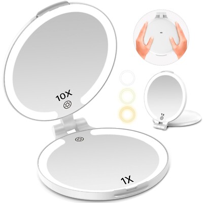 FUNTOUCH 7'' Travel Makeup Mirror with Lights 10X Magnifying, 3 Color Portabl...