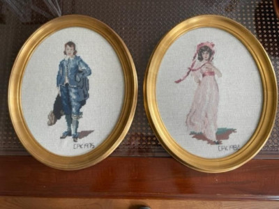 Vintage Pair Needlepoint Framed Pictures Blue Boy Pinkie 16'' x 13'' Great cond