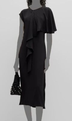 $345 MeimeiJ Women's Black Silk Asymmetric Draped A-Line Dress Size 38