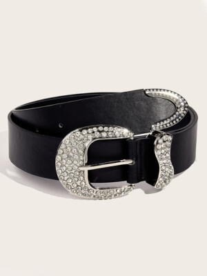 Rhinestone Buckle Waist Belt Sparkling Faux Leather Metal 