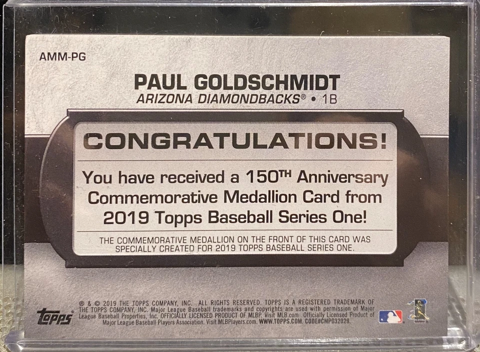 2019 Topps Series 1 150th Ann Medallion Paul Goldschmidt Dbacks - Image 2 of 2