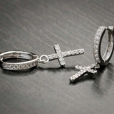 Sterling Silver Natural Moissanite Small Cross Dangle Huggie Earrings For Men