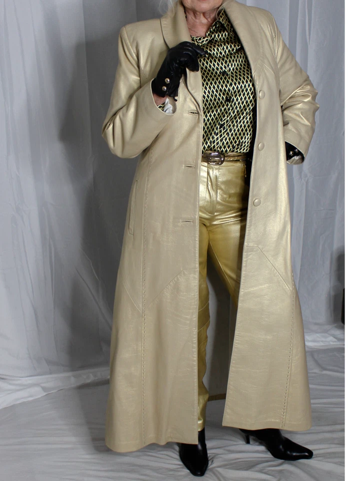 Womens Leather Coat Gold M-L-XL SOFT Long Lambskin Vintage 80s Dero Rocco Rare