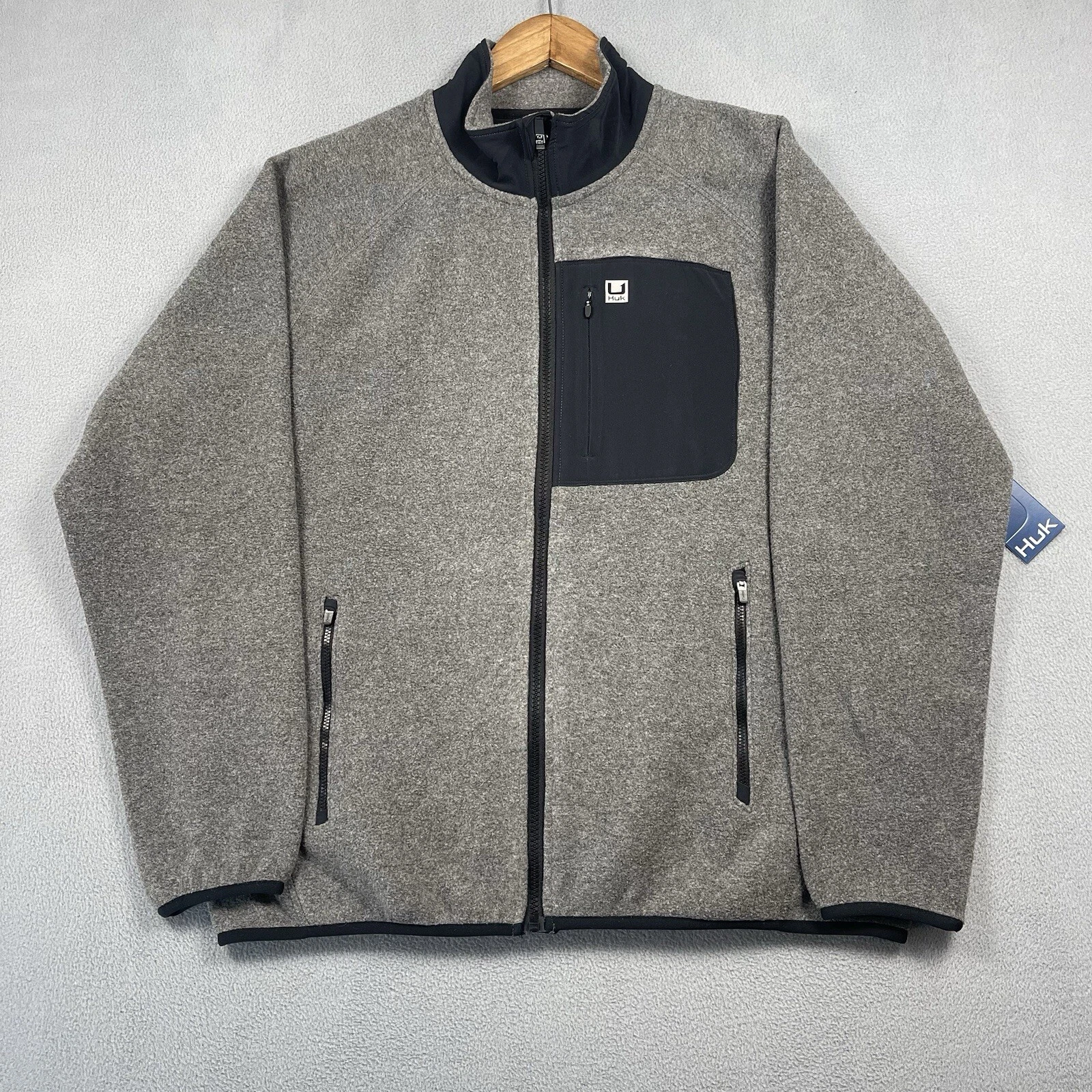 HUK Waypoint Fleece Men's Medium Full Zip Jacket Gray Fishing Pockets Winter NWT
