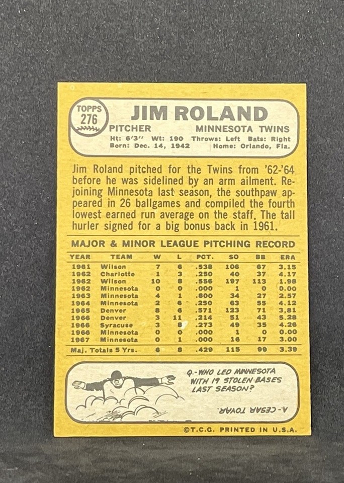 1968 Topps #276 Jim Roland Minnesota Twins (EX+/EXNM) | eBay