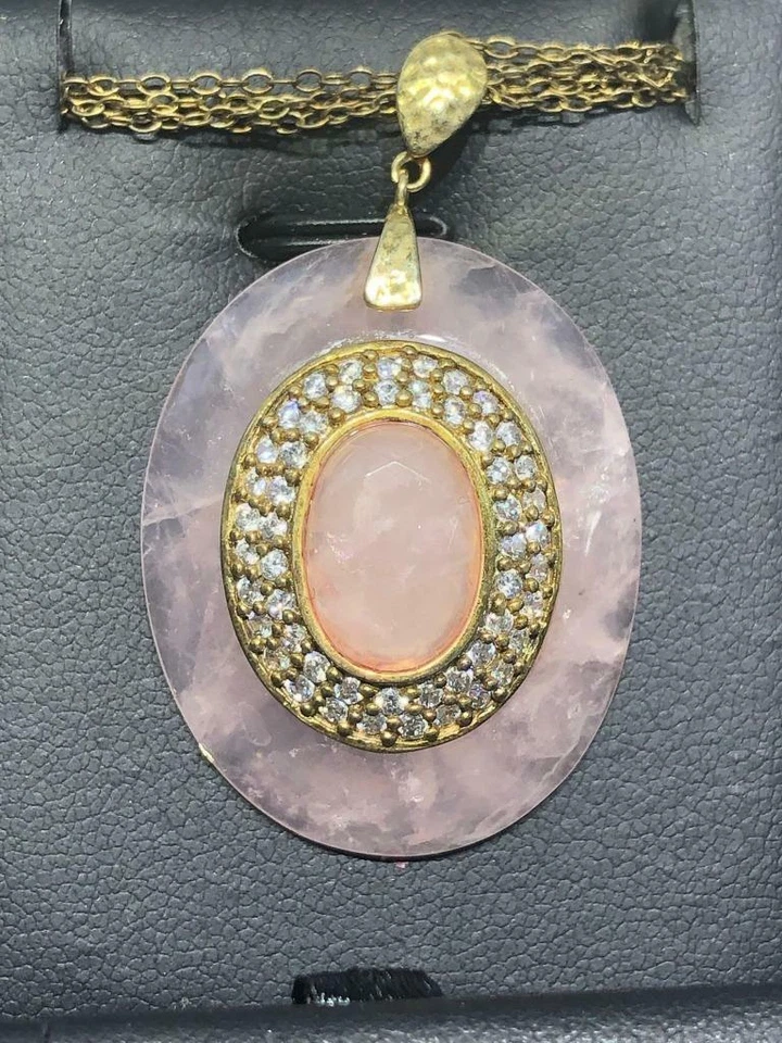 Collar grande con halo de cuarzo rosa zafiro blanco de plata de ley de oro amarillo de 18 quilates