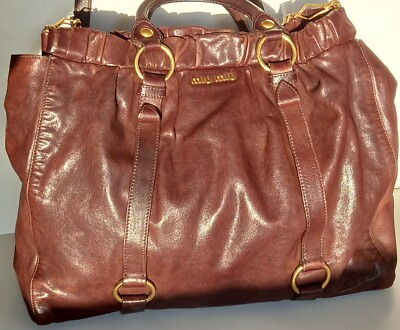 Miu Miu Espresso Vitello Lux Gathered Tote | eBay