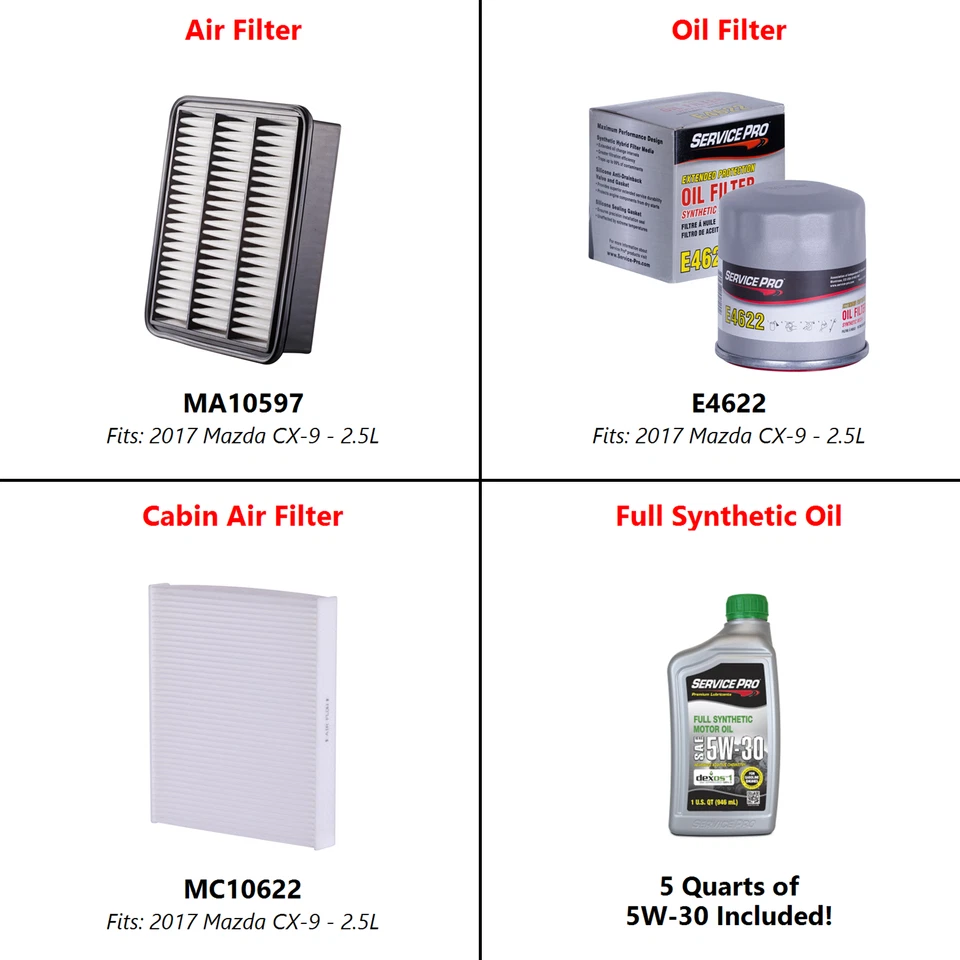 2017 Mazda CX-9 2.5L Complete Air, Oil & Cabin Filter Kit (5W-30) Foto 2 de 4