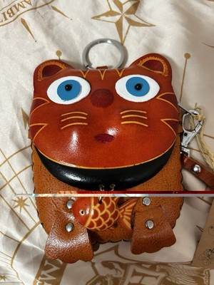 Lucky Cat Coin Purse Handmade Leather Wallet Keychain From Hawaii
