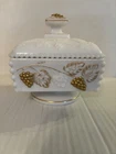 Vintage Milk Glass Westmoreland Paneled Grape Gold Painted Covered Candy Dish
