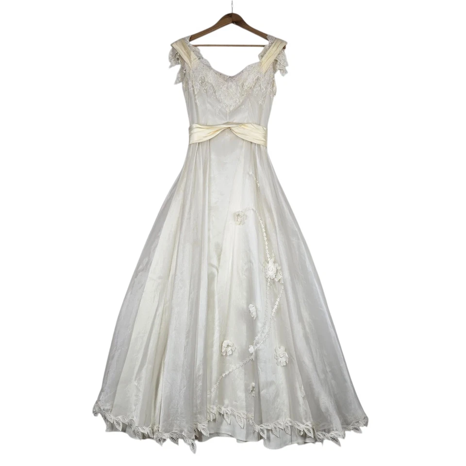 VTG Alfred Angelo Formal Dress Gown Sz S Ivory Cream Satin Chiffon Lace Mesh  - Image 3 of 4