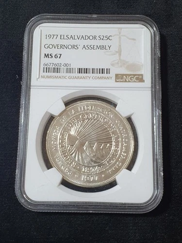 EL SALVADOR GOVERNORS' ASSEMBLY SILVER 1977 NGC MS 67 25 COLONES