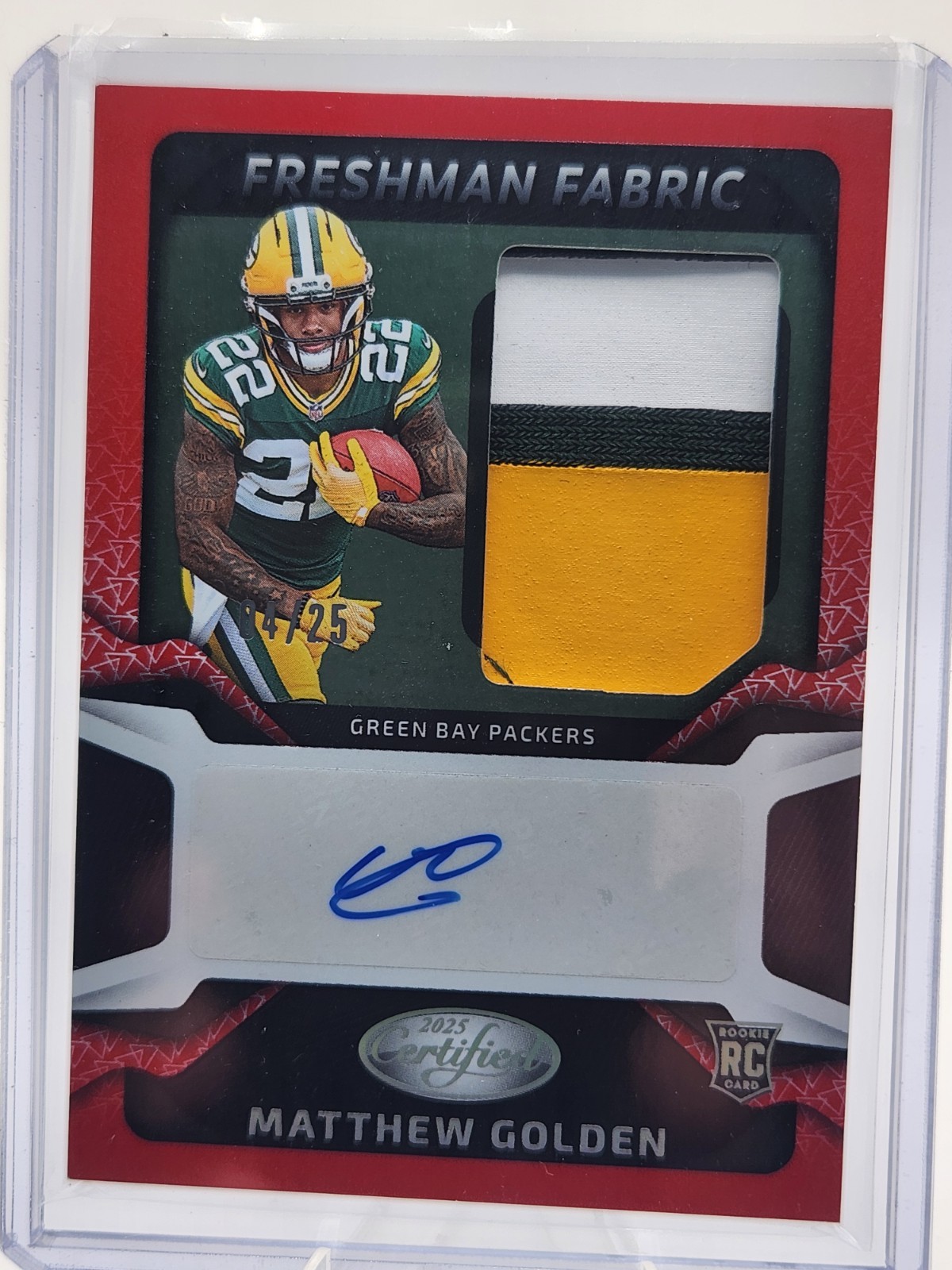 2025 Panini Certified Freshman Fabric Matthew Golden Red /25 Auto Patch Packers