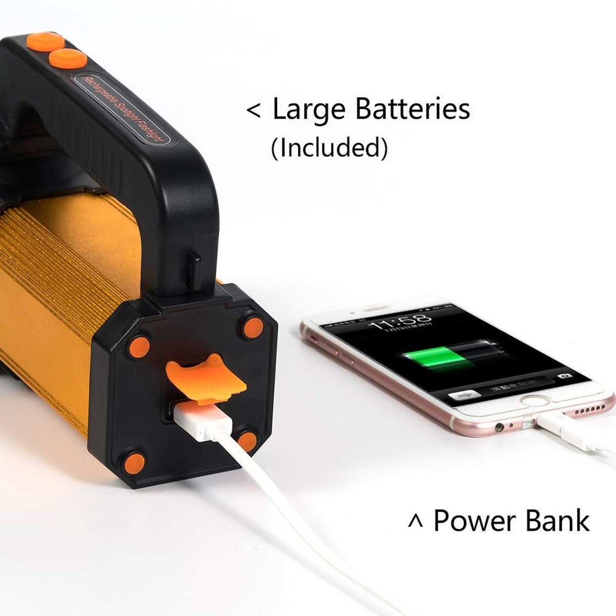 Super Bright Rechargeable LED Spotlight – Handheld Searchlight With USB Power Bank & Shoulder Strap (Yellow Light)