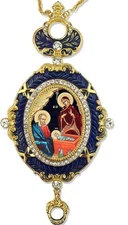 Needzo Nativity of Christ Enameled Icon Jeweled Pendant with Crown, 5 3/4 Inch