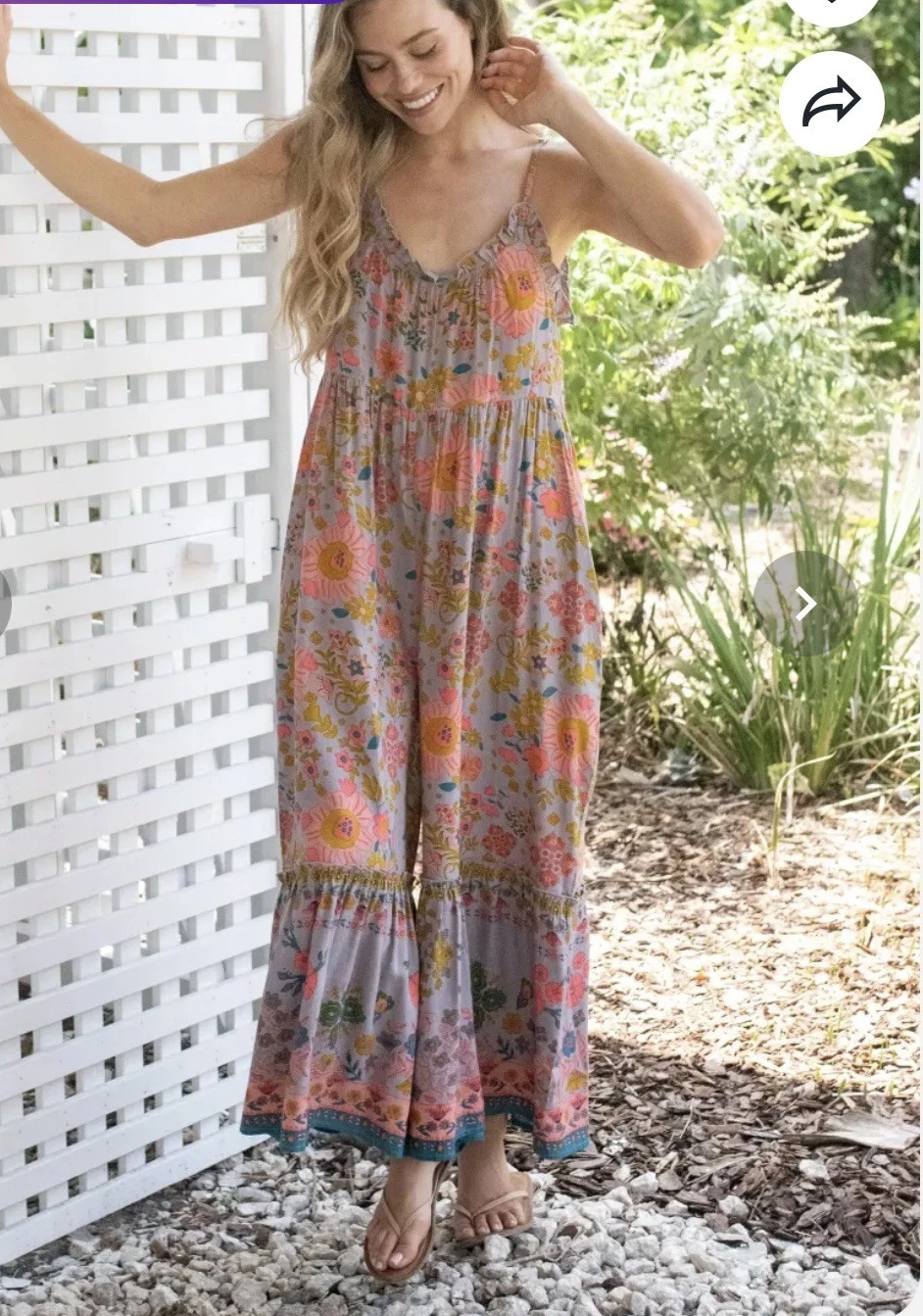 Natural Life Harley Jumpsuit Grey Peonies Floral Wide Leg Hippie Small
