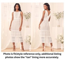 LULUS "Garden Soiree" Lace Overlay Sleeveless Tiered Midi Sheath, Ivory - M