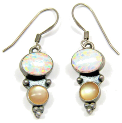 Vintage Sterling Silver Dangle Earrings Opal Fluorite Southwestern 5-Star Womens
