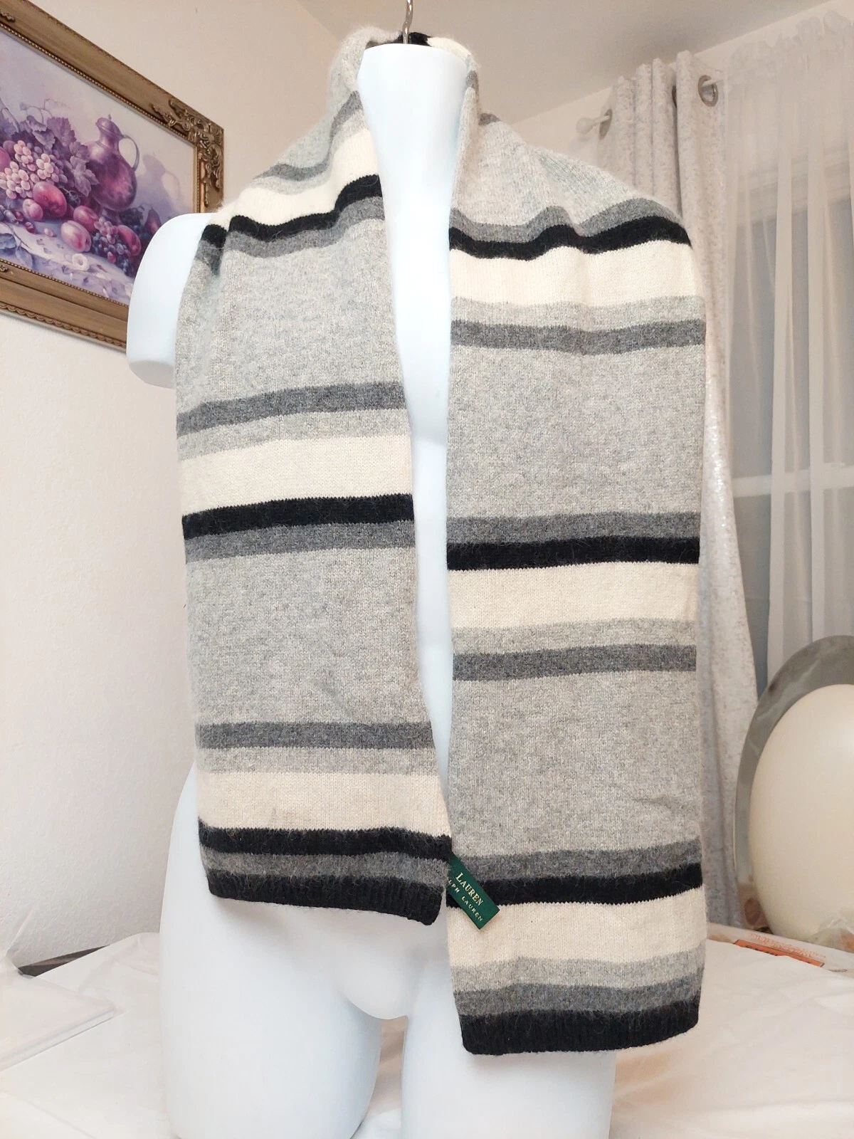 Ralph Lauren RLR Scarf Gray Black White Striped 70% LambsWool 20%Angora .