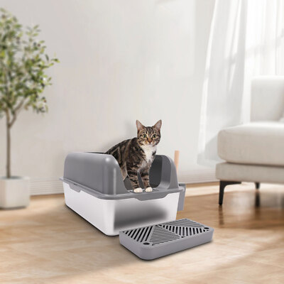 Stainless Steel Cat Litter Box Floor-mounted Cat Litter Pan+Cat Litter Scoop