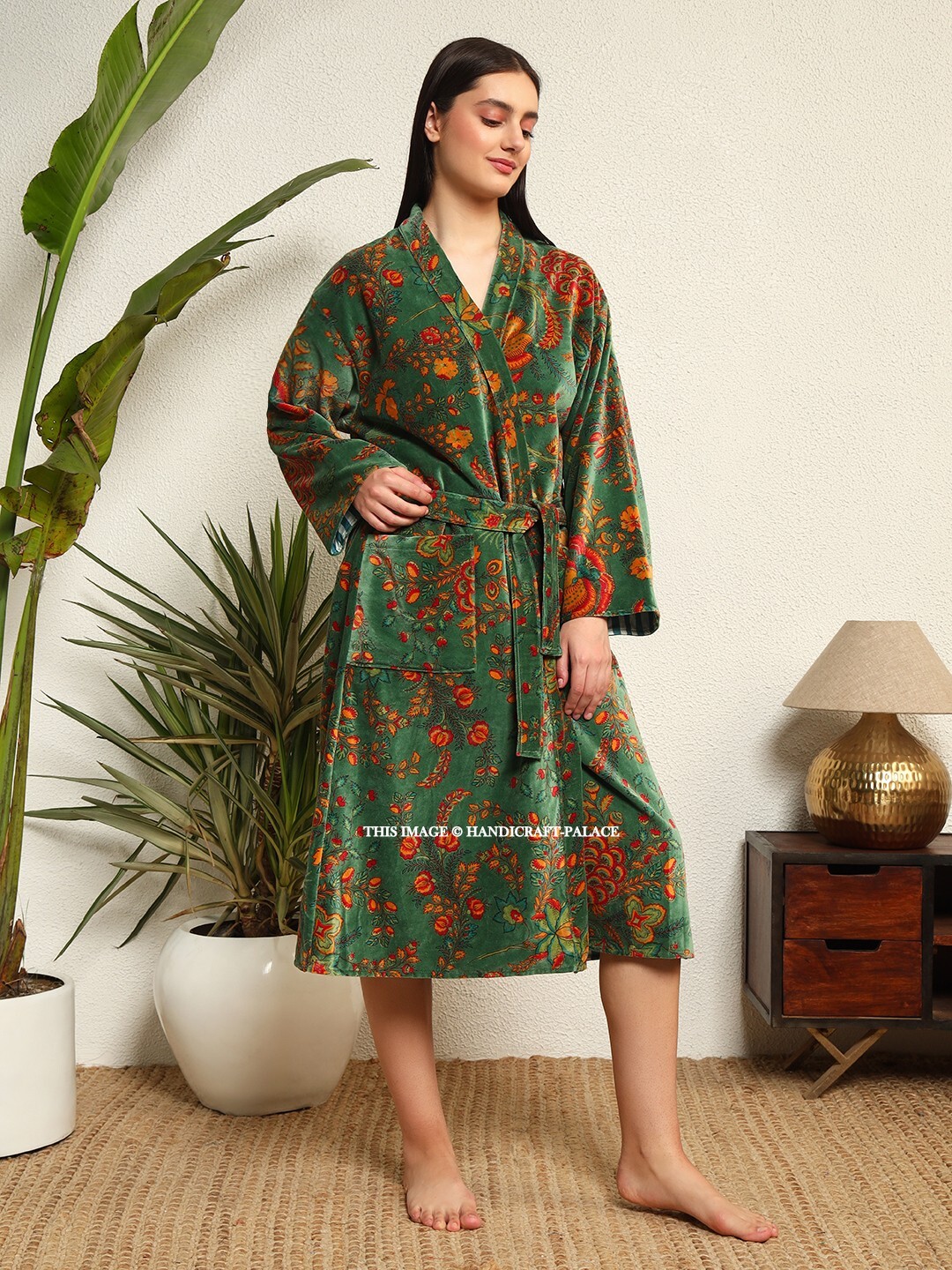 Kimono Floral Verde Indio De Terciopelo, Bata De Noche, Bata De Novia