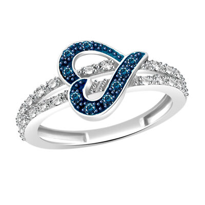0.12 CT Blue & White Genuine Diamond 14K White Gold Plated Wedding Heart Ring