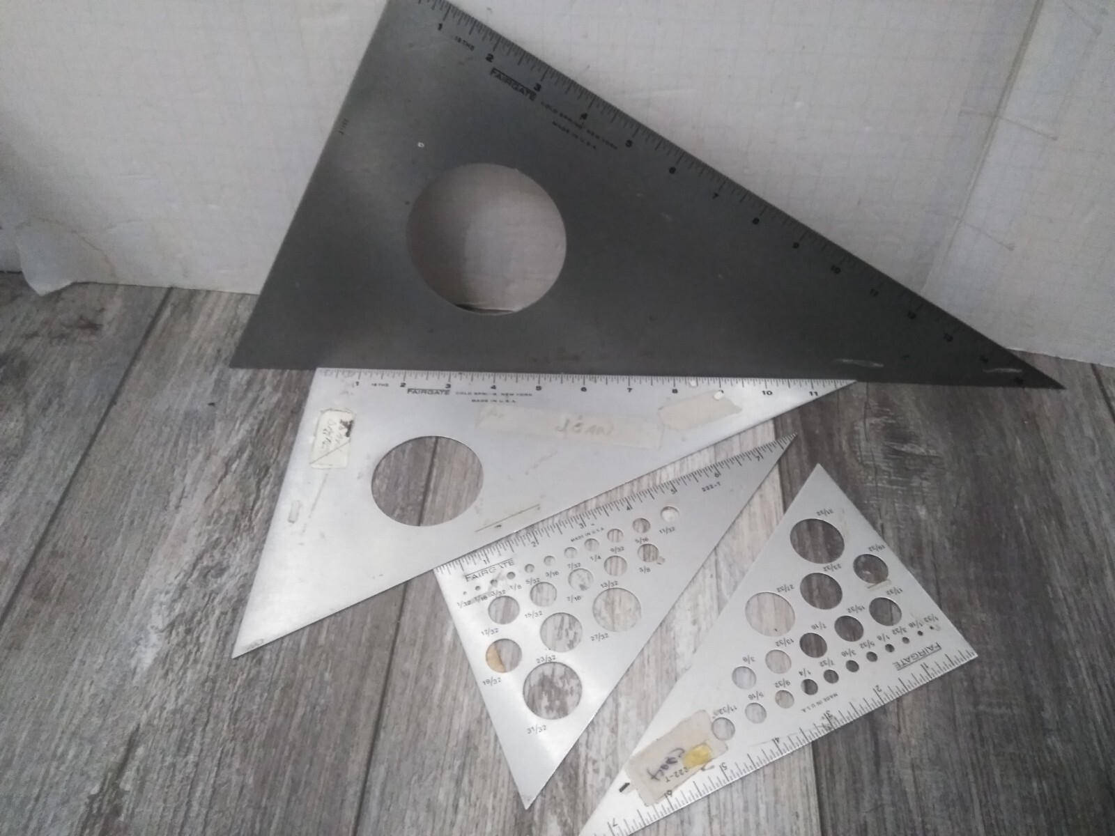 4- Fairgate  Aluminum drafting Triangle Rule W/ Circle  #'S  228-T, 222-T (2)..
