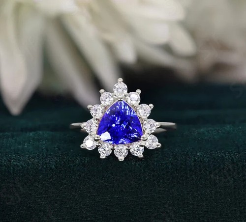 Tanzanite Halo Trillion Cut Ring, Engagement Ring, 14k Gold Plated Silver Ring - Picture 7 of 10