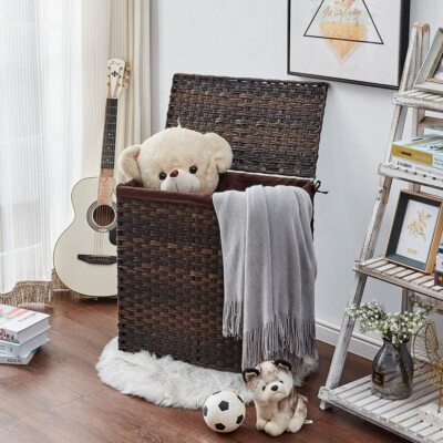Folding Laundry Basket Washing Clothes Storage Hamper Rattan Style Basket w /Lid