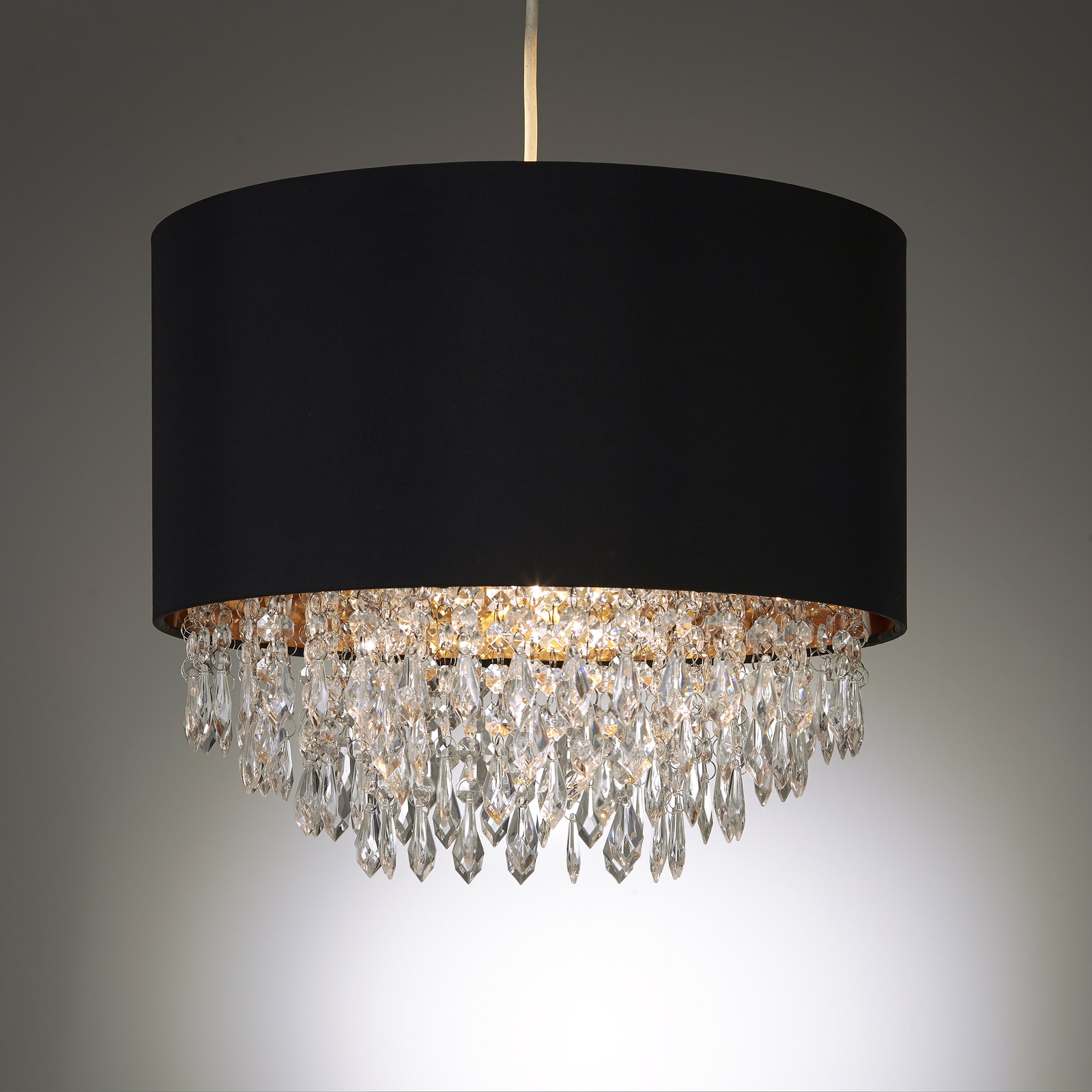 Black and Gold Ceiling Drum Shade with Clear Beaded Droplet Chandelier Pendant