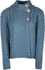 Ladies Asymmetrical Multi Cable Wool Cardigan By Aran Mills - Marine Blue